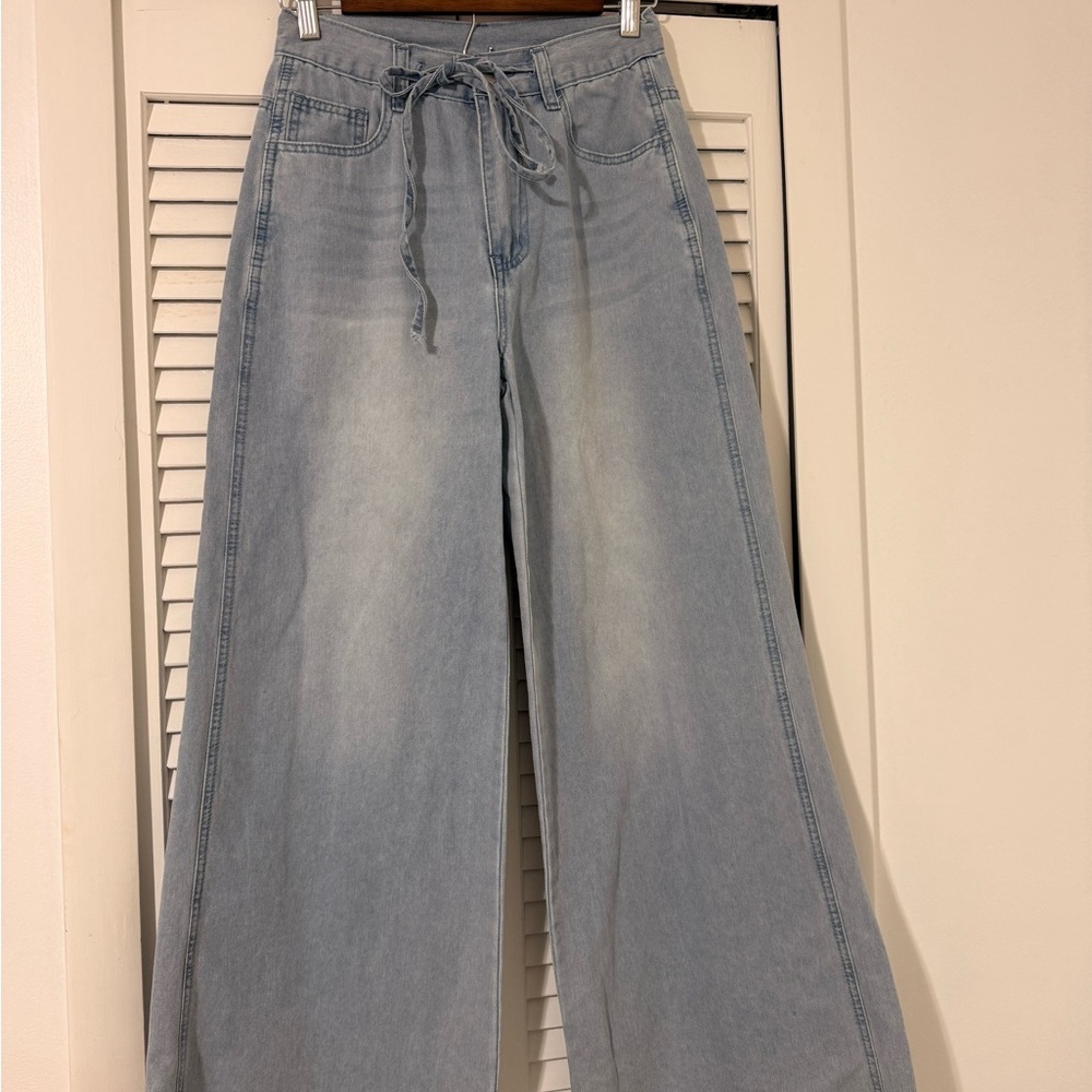 SHEIN Light Blue Wide Leg Drawstring Jeans
